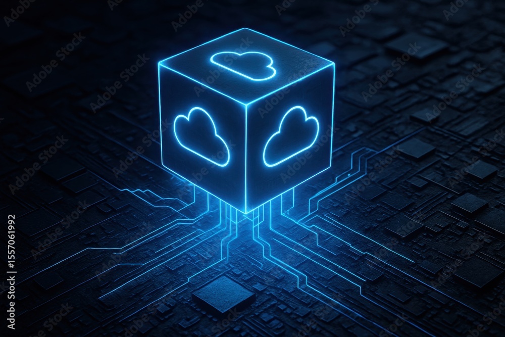 Poster cloud cube: a glowing cube adorned with cloud icons sits atop a complex circuit board, visualizing t