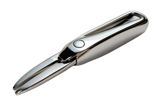 Shiny, metallic, compact, tool-like object with a pointed end