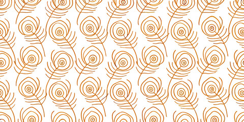 Golden Pattern of Beauty: A symmetrical arrangement of delicately crafted peacock feathers in shades of gold, creating an aesthetic design that embodies elegance and allure.