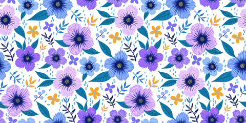 Colorful seamless floral purple blue green pattern with hand-drawn flowers and leaves on white. Ideal for fabric prints, wallpapers, gift wrap, stationery, textile, and spring or summer-themed designs