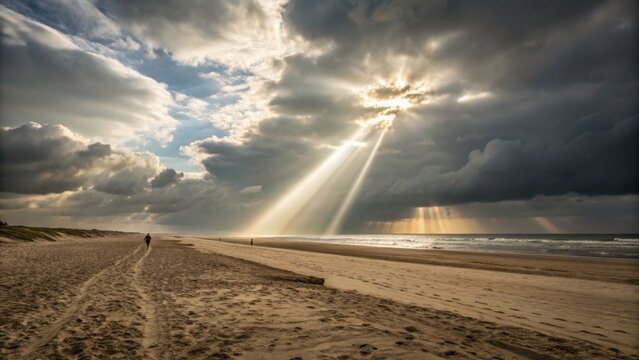 Sunlight breaking through clouds over sandy beach shoreline   - Powered by Adobe