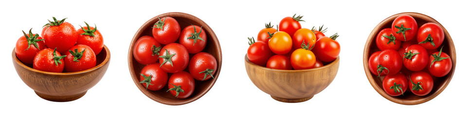 Set of a wooden bowl of tomatoes, isolated on a transparent background.
