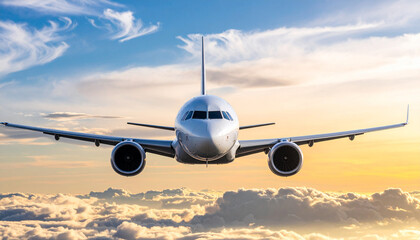 Obraz premium Airplane Flying Against a Backdrop of Fluffy Clouds in Clear Blue Sky