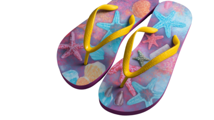 Flip-flops in bright colors with starfish and mini seashells, top view, beach theme, PNG 