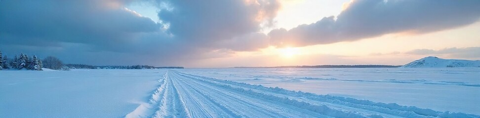 Fototapeta premium Breathtaking Siberian Winter Landscape Vast Snow-Covered Taiga Stretching to the Horizon Under a Dramatic Sky
