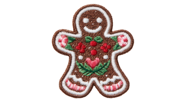 embroidered gingerbread man, isolated, transparent, png, background, cutout patch work - Powered by Adobe