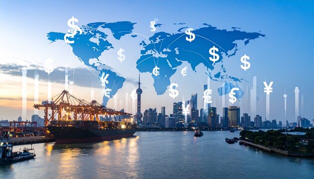 Overlay of different currency symbols and global landmarks with modern business chart lines in background. - Powered by Adobe