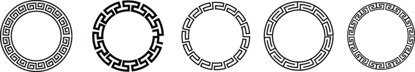 Greek style geometric seamless frames icon set isolated on transparent background. Decoration elements patterns. Vector collection frame design in grecian ancient style and meandros greek ornaments.