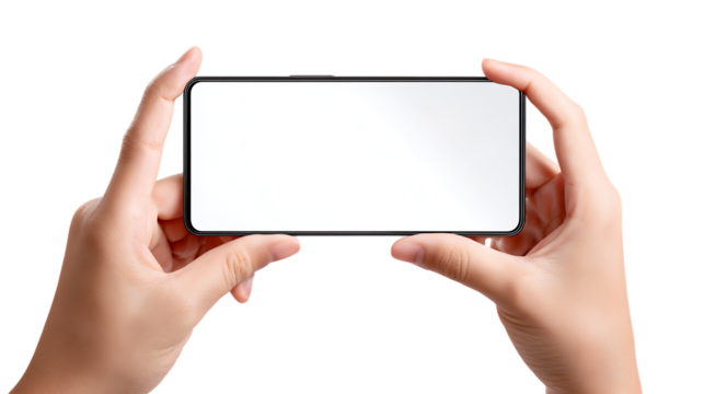 Two hands hold a black smartphone with a blank white screen isolated on transparent background