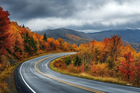 Winding mountain road surrounded by colorful autumn foliage and dramatic mountains under cloudy sky scenic fall travel landscape