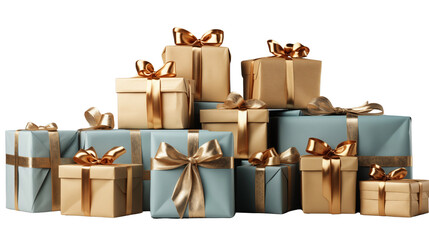 Holiday gifts wrapped in pastel and gold paper with elegant bows create a festive celebration display, suitable for Christmas and birthdays transparent.