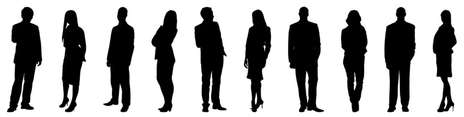 Set of black silhouette illustrations of multiple people standing