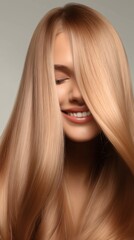 Naklejka premium Beautiful young woman with flowing, healthy blonde hair smiles brightly, showcasing radiant skin and a confident expression.