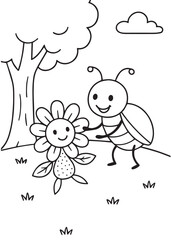 coloring book page beetle giving care flower to smiling plant