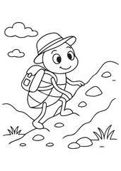 coloring book page beetle hiker climbing mountain trail