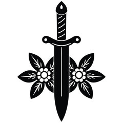 Fototapeta premium Elegant black and white illustration of a sword and floral decorative elements