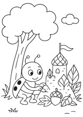 coloring book page beetle building mushroom castle