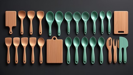 Wooden and teal kitchen utensils arranged on a dark surface spoons