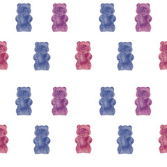 Seamless pattern featuring purple, blue, and pink gummy bears in a playful doodle art style. Fun...