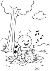coloring book page beetle playing drum and singing under tree