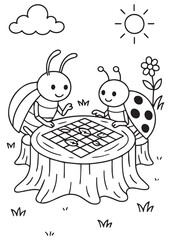 coloring book page two beetles playing chess on tree stump