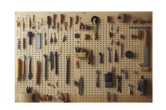 A meticulously organized pegboard showcasing a craftsman s collection of well worn tools on transparent background