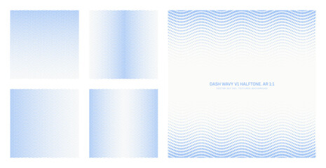 Fototapeta premium Assorted vector dash wavy grid light blue halftone pattern set in square 1:1 aspect ratio including faded frame and various textures. Dotted textured curved lines versatile design elements bundle