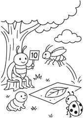 coloring book page beetle judging leaf contest with scorecard