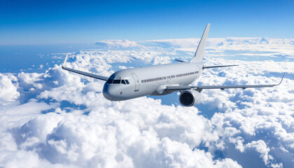 Obraz premium Airplane Flying Above Clouds with Clear Blue Sky and Scenic Aerial View