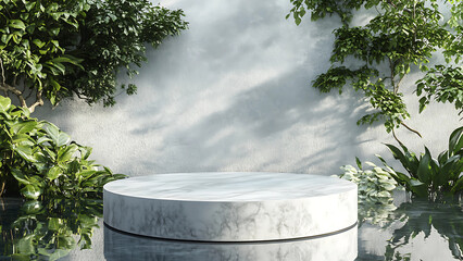 White stone podium, Cosmetic display product stand with water reflection background. 3D rendering

