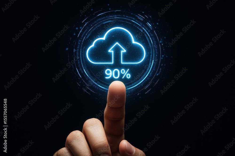 Fototapete Cloud Upload Progress:  A close-up captures a finger pointing towards a digitally rendered cloud icon, displaying an impressive 90% upload progress.