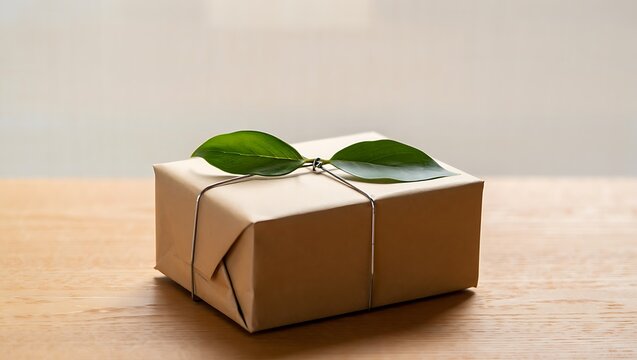 Wrapped package with green leaves tied with string gift present