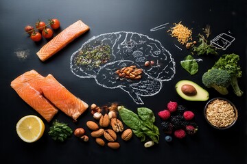 Chalk hand drawn brain picture with assorted food, food for brain health and good memory: fresh salmon, vegetables, nuts, berries on black background. Foods to boost brain power, top view, copy space