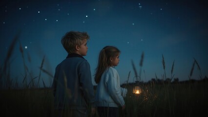 Children gazing at the night sky with a lantern in a grassy field, evoking a sense of wonder and adventure.