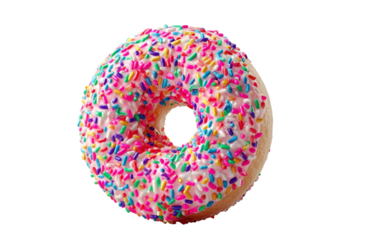 Delicious donut with colorful sprinkles on a white background, perfect for dessert, bakery, or food-related themes and projects that inspire sweetness and joy