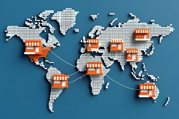 Global franchising and retail chain expansion visualized with store icons connected across a stylized 3D world map