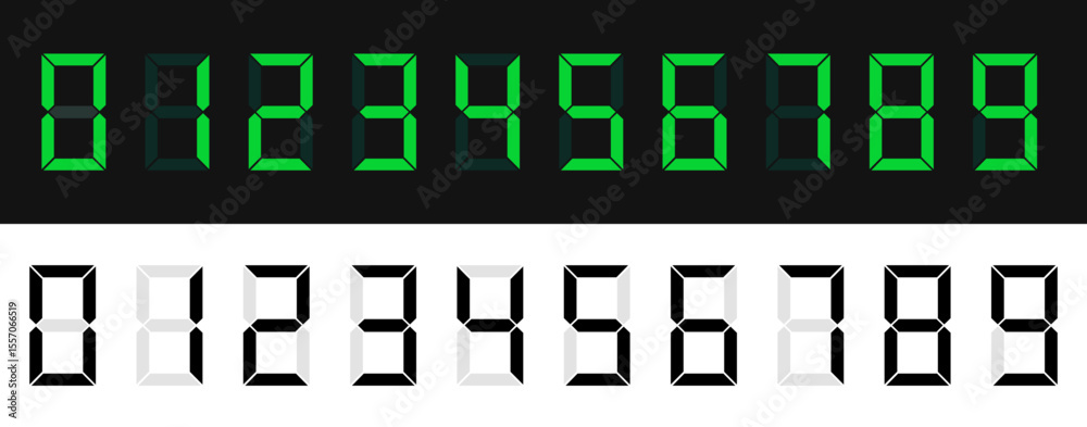 Wall mural digital clock numbers set. monochrome led style digits.