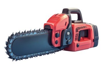 A powerful red chainsaw ready for felling trees a symbol of strength and industrial might on transparent background