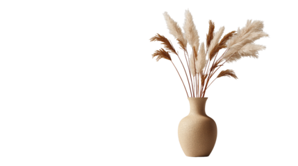 Elegant ceramic vase with dried pampas grass, neutral tones, soft shadows, isolated PNG