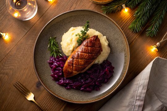 Gourmet dish featuring seared meat with creamy mashed potatoes and vibrant red cabbage on a wooden table