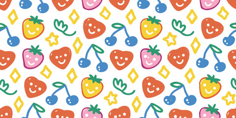 Sweet Fruit Pattern: A cheerful and playful seamless pattern bursting with colorful strawberries and cherries, perfect for designs needing a touch of joy.
