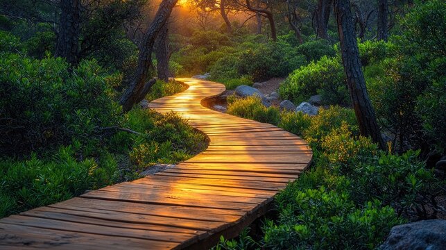 Serpentine wooden walkway through lush greenery at dawn. - Powered by Adobe