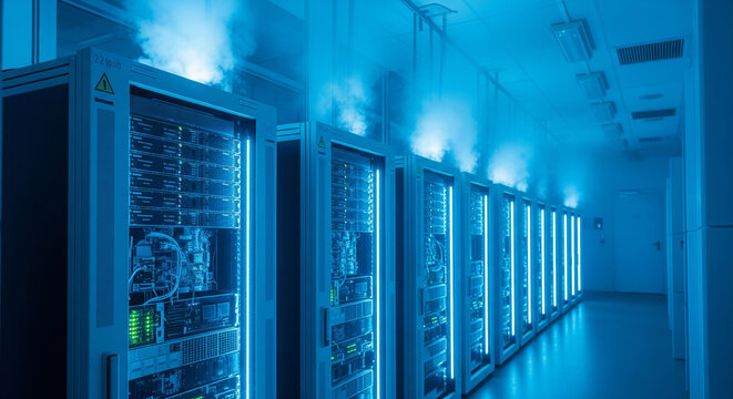 Server racks line a cold aisle in a data center, representing cloud computing and information technology infrastructure.