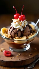 Delicious dessert bowl with chocolate ice cream, banana slices, and whipped cream topped with cherries