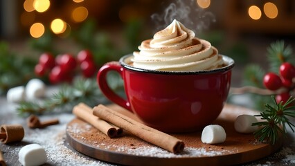 Warm cup of spiced hot chocolate with whipped cream and marshmallows on a wooden table during winter holiday season