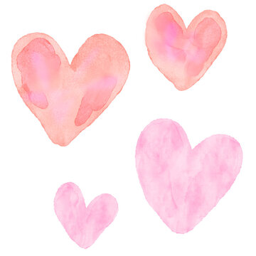 Watercolor heart material set, cute pink hand drawn illustrations / 水彩ハート素材セット、ピンクのかわいい手描きイラスト