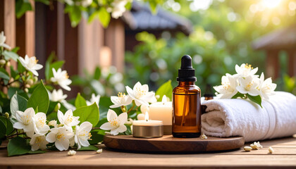 Spa Setting with Jasmine Essential Oil and Flowers – Aromatherapy Scene for Relaxation, Wellness, and Natural Beauty Rituals