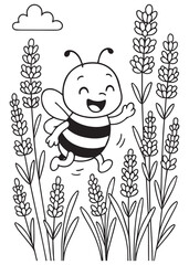 coloring book page bee walk around tall flowers