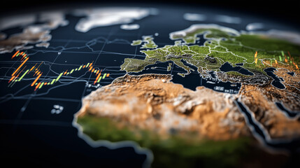 Global Finance: A captivating view of the world, artfully integrated with a line graph, symbolizing global finance and economic trends. Ideal for financial publications or corporate communications.