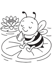 coloring book page bee sitting on lily pad eating honey